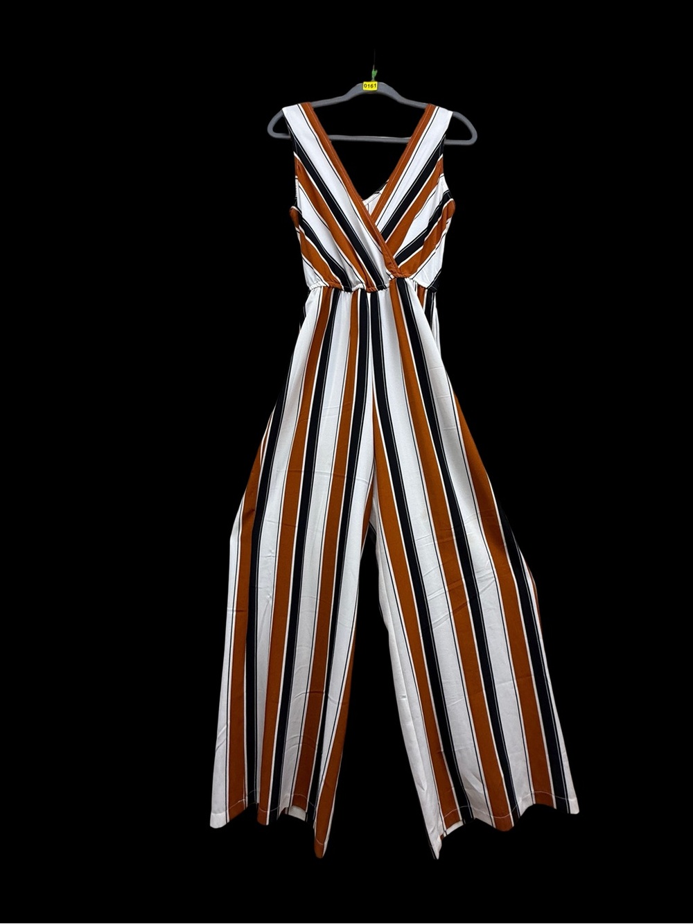 C Striped Wide-Leg Jumpsuit in White, Black & Brown